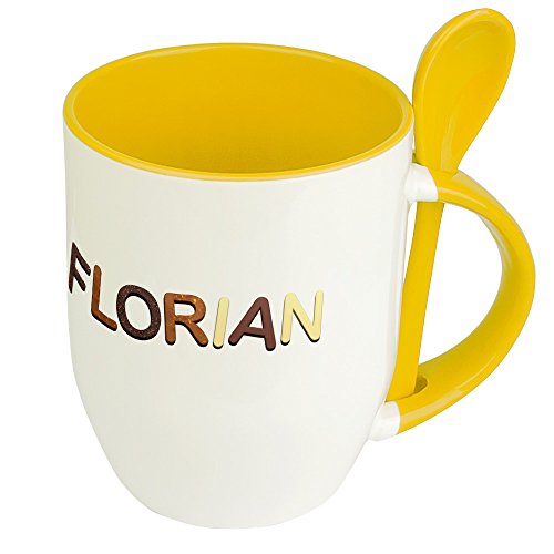 Namenstasse Florian - Löffel-Tasse mit Namens-Motiv Schokoladenbuchstaben - Becher, Kaffeetasse, Kaffeebecher, Mug - Gelb von digital print