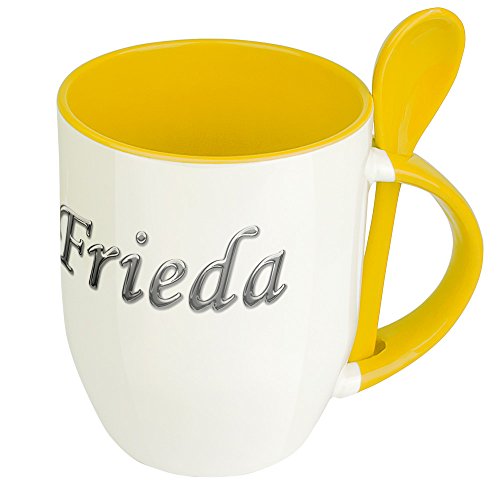 Namenstasse Frieda - Löffel-Tasse mit Namens-Motiv Chrom-Schriftzug - Becher, Kaffeetasse, Kaffeebecher, Mug - Gelb von digital print