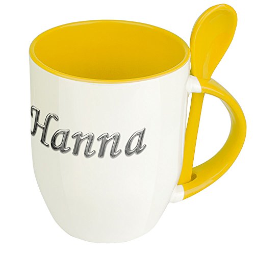 Namenstasse Hanna - Löffel-Tasse mit Namens-Motiv Chrom-Schriftzug - Becher, Kaffeetasse, Kaffeebecher, Mug - Gelb von digital print