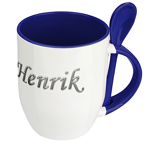 Namenstasse Henrik - Löffel-Tasse mit Namens-Motiv Chrom-Schriftzug - Becher, Kaffeetasse, Kaffeebecher, Mug - Blau von digital print