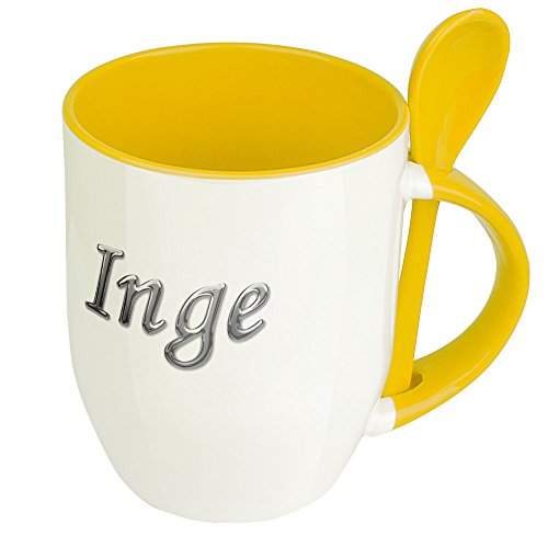 Namenstasse Inge - Löffel-Tasse mit Namens-Motiv Chrom-Schriftzug - Becher, Kaffeetasse, Kaffeebecher, Mug - Gelb von digital print