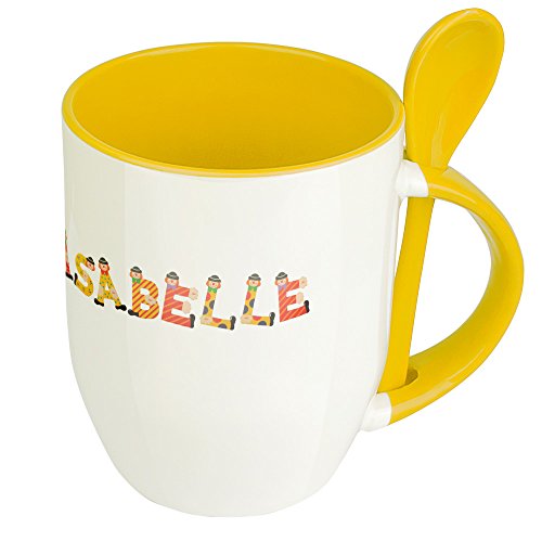 Namenstasse Isabelle - Löffel-Tasse mit Namens-Motiv Holzbuchstaben - Becher, Kaffeetasse, Kaffeebecher, Mug - Gelb von digital print