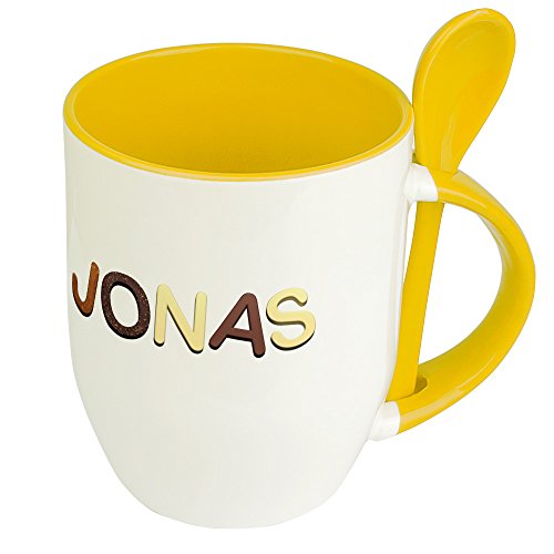 Namenstasse Jonas - Löffel-Tasse mit Namens-Motiv Schokoladenbuchstaben - Becher, Kaffeetasse, Kaffeebecher, Mug - Gelb von digital print