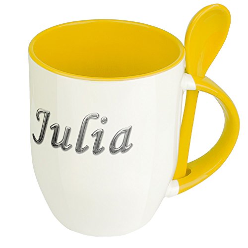 Namenstasse Julia - Löffel-Tasse mit Namens-Motiv Chrom-Schriftzug - Becher, Kaffeetasse, Kaffeebecher, Mug - Gelb von digital print