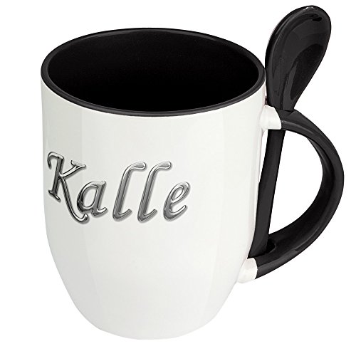 Namenstasse Kalle - Löffel-Tasse mit Namens-Motiv Chrom-Schriftzug - Becher, Kaffeetasse, Kaffeebecher, Mug - Schwarz von digital print