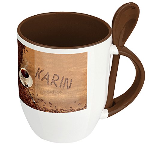 Namenstasse Karin - Löffel-Tasse mit Namens-Motiv Kaffeebohnen - Becher, Kaffeetasse, Kaffeebecher, Mug - Braun von digital print