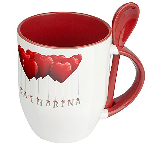 Namenstasse Katharina - Löffel-Tasse mit Namens-Motiv Herzballons - Becher, Kaffeetasse, Kaffeebecher, Mug - Rot von digital print