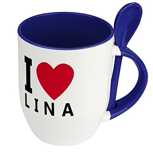 Namenstasse Lina - Löffel-Tasse mit Namens-Motiv "I Love Lina" - Becher, Kaffeetasse, Kaffeebecher, Mug - Blau von digital print
