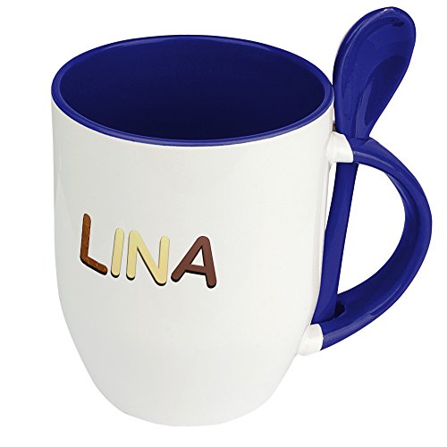 Namenstasse Lina - Löffel-Tasse mit Namens-Motiv Schokoladenbuchstaben - Becher, Kaffeetasse, Kaffeebecher, Mug - Blau von digital print