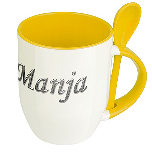 Namenstasse Manja - Löffel-Tasse mit Namens-Motiv Chrom-Schriftzug - Becher, Kaffeetasse, Kaffeebecher, Mug - Gelb von digital print