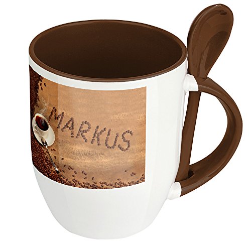 Namenstasse Markus - Löffel-Tasse mit Namens-Motiv Kaffeebohnen - Becher, Kaffeetasse, Kaffeebecher, Mug - Braun von digital print