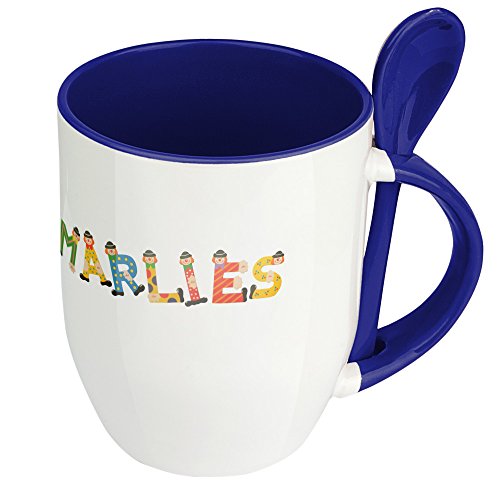 Namenstasse Marlies - Löffel-Tasse mit Namens-Motiv Holzbuchstaben - Becher, Kaffeetasse, Kaffeebecher, Mug - Blau von digital print