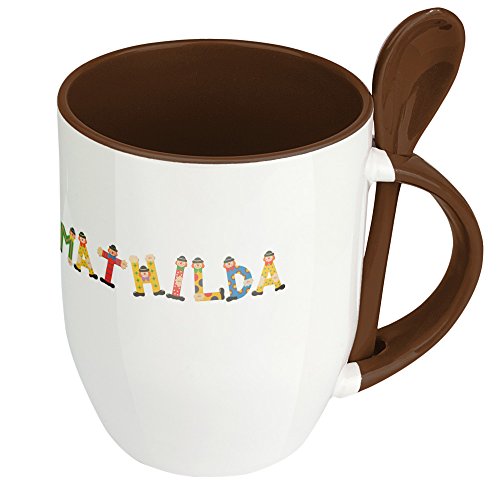 Namenstasse Mathilda - Löffel-Tasse mit Namens-Motiv Holzbuchstaben - Becher, Kaffeetasse, Kaffeebecher, Mug - Braun von digital print