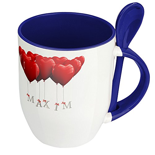Namenstasse Maxim - Löffel-Tasse mit Namens-Motiv Herzballons - Becher, Kaffeetasse, Kaffeebecher, Mug - Blau von digital print