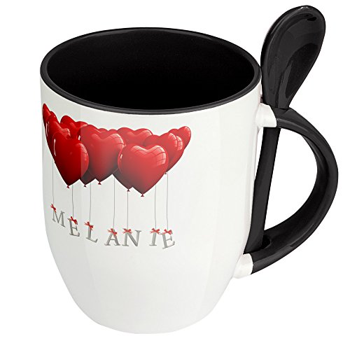 Namenstasse Melanie - Löffel-Tasse mit Namens-Motiv Herzballons - Becher, Kaffeetasse, Kaffeebecher, Mug - Schwarz von digital print