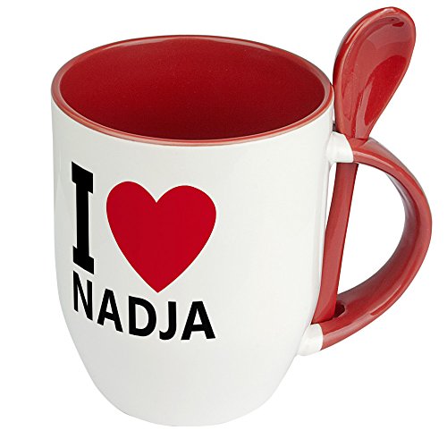 Namenstasse Nadja - Löffel-Tasse mit Namens-Motiv "I Love Nadja" - Becher, Kaffeetasse, Kaffeebecher, Mug - Rot von digital print