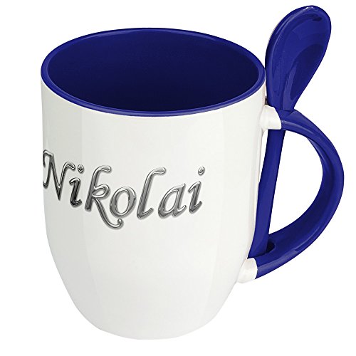 Namenstasse Nikolai - Löffel-Tasse mit Namens-Motiv Chrom-Schriftzug - Becher, Kaffeetasse, Kaffeebecher, Mug - Blau von digital print