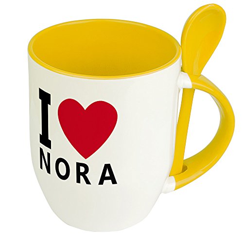 Namenstasse Nora - Löffel-Tasse mit Namens-Motiv "I Love Nora" - Becher, Kaffeetasse, Kaffeebecher, Mug - Gelb von digital print