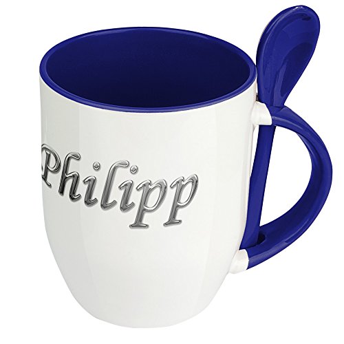 Namenstasse Philipp - Löffel-Tasse mit Namens-Motiv Chrom-Schriftzug - Becher, Kaffeetasse, Kaffeebecher, Mug - Blau von digital print