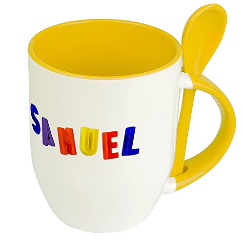 Namenstasse Samuel - Löffel-Tasse mit Namens-Motiv Design Magnetbuchstaben - Becher, Kaffeetasse, Kaffeebecher, Mug - Gelb von digital print