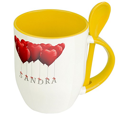 Namenstasse Sandra - Löffel-Tasse mit Namens-Motiv Herzballons - Becher, Kaffeetasse, Kaffeebecher, Mug - Gelb von digital print