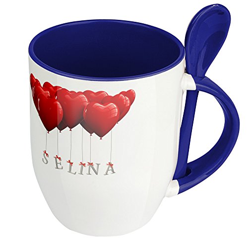 Namenstasse Selina - Löffel-Tasse mit Namens-Motiv Herzballons - Becher, Kaffeetasse, Kaffeebecher, Mug - Blau von digital print