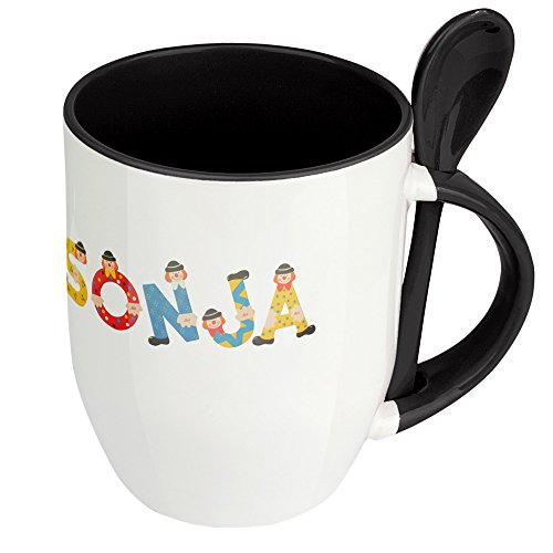 Namenstasse Sonja - Löffel-Tasse mit Namens-Motiv Holzbuchstaben - Becher, Kaffeetasse, Kaffeebecher, Mug - Schwarz von digital print