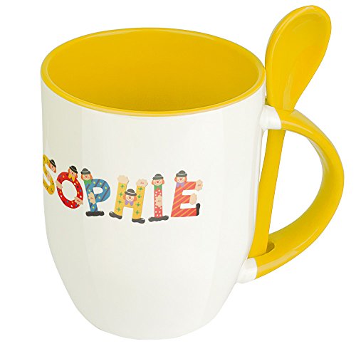 Namenstasse Sophie - Löffel-Tasse mit Namens-Motiv Holzbuchstaben - Becher, Kaffeetasse, Kaffeebecher, Mug - Gelb von digital print