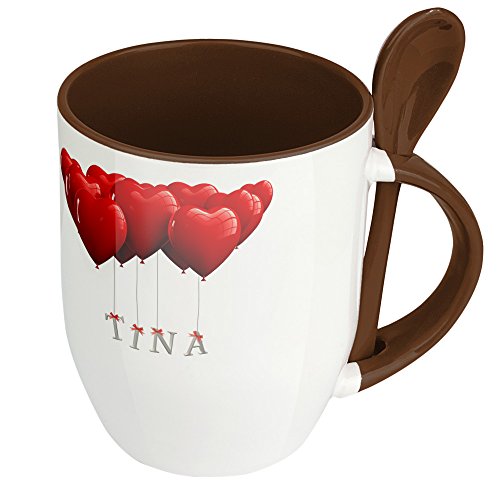 Namenstasse Tina - Löffel-Tasse mit Namens-Motiv Herzballons - Becher, Kaffeetasse, Kaffeebecher, Mug - Braun von digital print