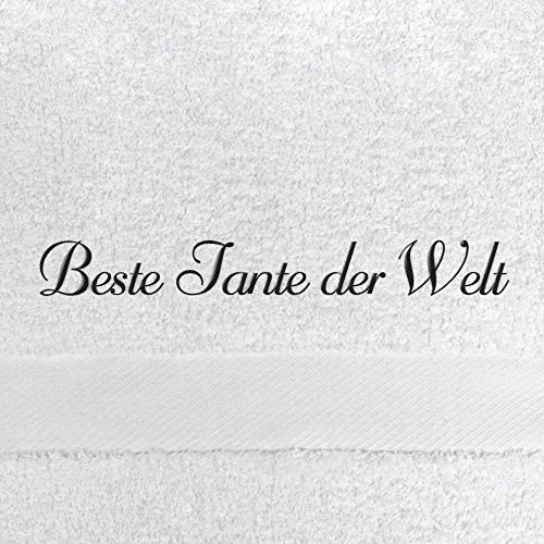 Saunahandtuch mit Namen Beste Tante der Welt bestickt, 100x180 cm, weiß, extra flauschige 550 g/qm Baumwolle (100%), Badetuch mit Namen besticken, Saunatuch mit Bestickung von digital print