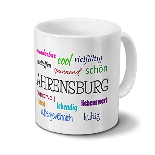 Städtetasse Ahrensburg - Motiv "Positive Eigenschaften" - Stadt-Tasse, Kaffeebecher, Mug, Becher, Kaffeetasse - Farbe Weiß von digital print
