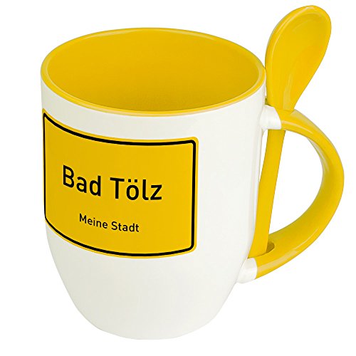 Städtetasse Bad Tölz - Löffel-Tasse mit Motiv Ortsschild - Becher, Kaffeetasse, Kaffeebecher, Mug - Gelb von digital print