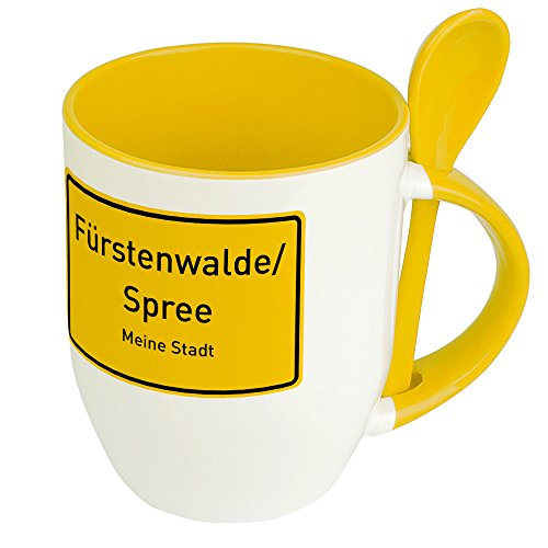 digital print Städtetasse Fürstenwalde/Spree - Löffel-Tasse mit Motiv Ortsschild - Becher, Kaffeetasse, Kaffeebecher, Mug - Gelb von digital print