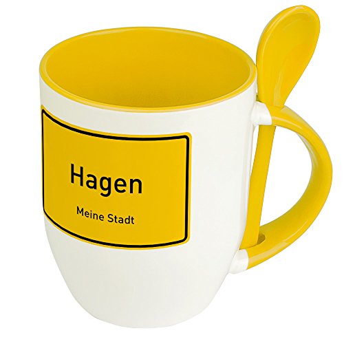 Städtetasse Hagen - Löffel-Tasse mit Motiv Ortsschild - Becher, Kaffeetasse, Kaffeebecher, Mug - Gelb von digital print