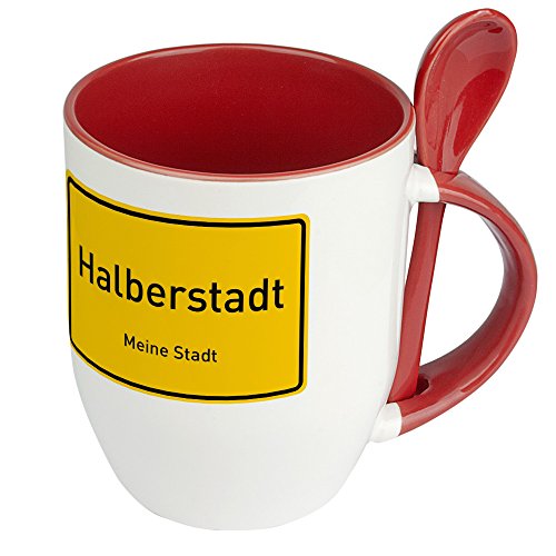 Städtetasse Halberstadt - Löffel-Tasse mit Motiv Ortsschild - Becher, Kaffeetasse, Kaffeebecher, Mug - Rot von digital print