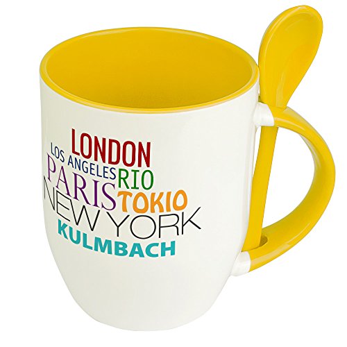 Städtetasse Kulmbach - Löffel-Tasse mit Motiv Famous Cities in the World - Becher, Kaffeetasse, Kaffeebecher, Mug - Gelb von digital print