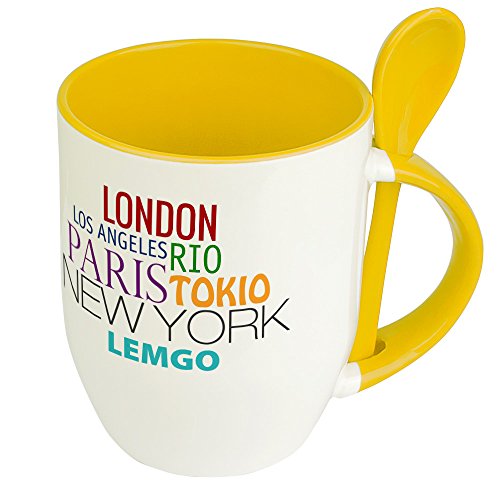 Städtetasse Lemgo - Löffel-Tasse mit Motiv Famous Cities in the World - Becher, Kaffeetasse, Kaffeebecher, Mug - Gelb von digital print