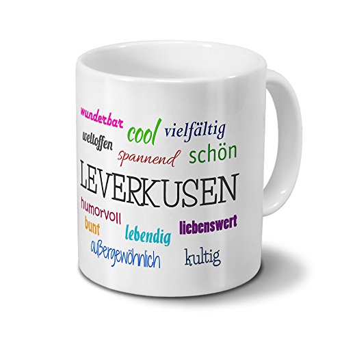 Städtetasse Leverkusen - Motiv "Positive Eigenschaften" - Stadt-Tasse, Kaffeebecher, Mug, Becher, Kaffeetasse - Farbe Weiß von digital print