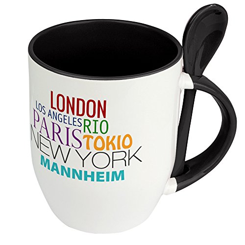 Städtetasse Mannheim - Löffel-Tasse mit Motiv Famous Cities in the World - Becher, Kaffeetasse, Kaffeebecher, Mug - Schwarz von digital print