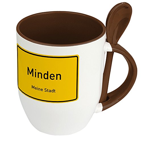 Städtetasse Minden - Löffel-Tasse mit Motiv Ortsschild - Becher, Kaffeetasse, Kaffeebecher, Mug - Braun von digital print