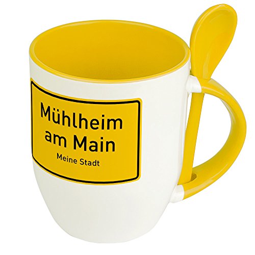 Städtetasse Mühlheim am Main - Löffel-Tasse mit Motiv Ortsschild - Becher, Kaffeetasse, Kaffeebecher, Mug - Gelb von digital print