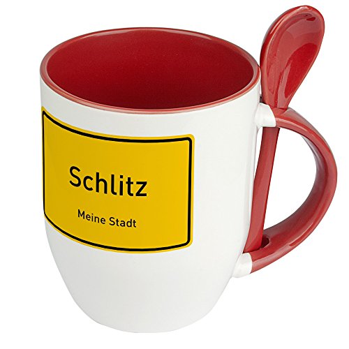 Städtetasse Schlitz - Löffel-Tasse mit Motiv Ortsschild - Becher, Kaffeetasse, Kaffeebecher, Mug - Rot von digital print