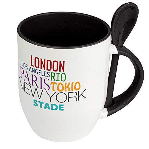 Städtetasse Stade - Löffel-Tasse mit Motiv Famous Cities in the World - Becher, Kaffeetasse, Kaffeebecher, Mug - Schwarz von digital print