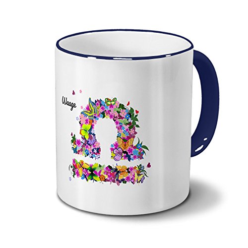 Sternzeichentasse Waage – Tasse „Flower-Layout“ mit Sternzeichen Waage - Becher Blau von digital print