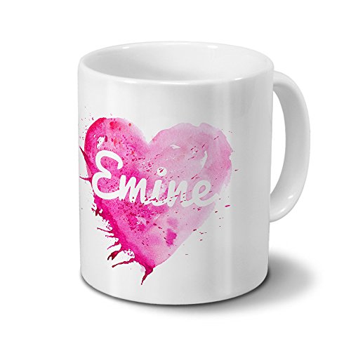 Tasse mit Namen Emine - Motiv Painted Heart - Namenstasse, Kaffeebecher, Mug, Becher, Kaffeetasse - Farbe Weiß von digital print