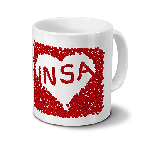 Tasse mit Namen Insa - Motiv Rosenherz - Namenstasse, Kaffeebecher, Mug, Becher, Kaffeetasse - Farbe Weiß von digital print