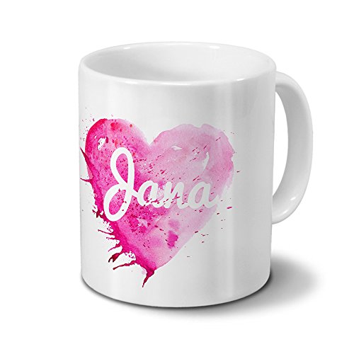 Tasse mit Namen Jana - Motiv Painted Heart - Namenstasse, Kaffeebecher, Mug, Becher, Kaffeetasse - Farbe Weiß von digital print