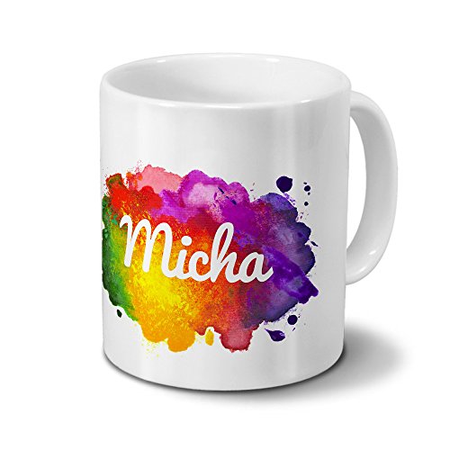 Tasse mit Namen Micha - Motiv Color Paint - Namenstasse, Kaffeebecher, Mug, Becher, Kaffeetasse - Farbe Weiß von digital print