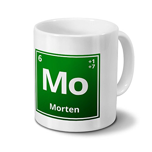 Tasse mit Namen Morten als Element-Symbol des Perioden Systems - grün - Namenstasse, Kaffeebecher, Mug, Becher, Kaffeetasse von digital print