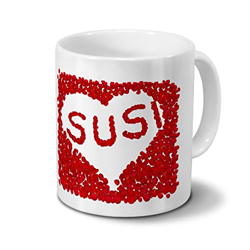 Tasse mit Namen Susi - Motiv Rosenherz - Namenstasse, Kaffeebecher, Mug, Becher, Kaffeetasse - Farbe Weiß von digital print
